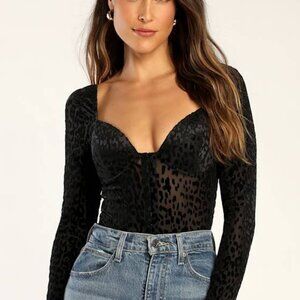 Lulus Wild Forever Black Animal Print Sheer Bustier Bodysuit - Size S